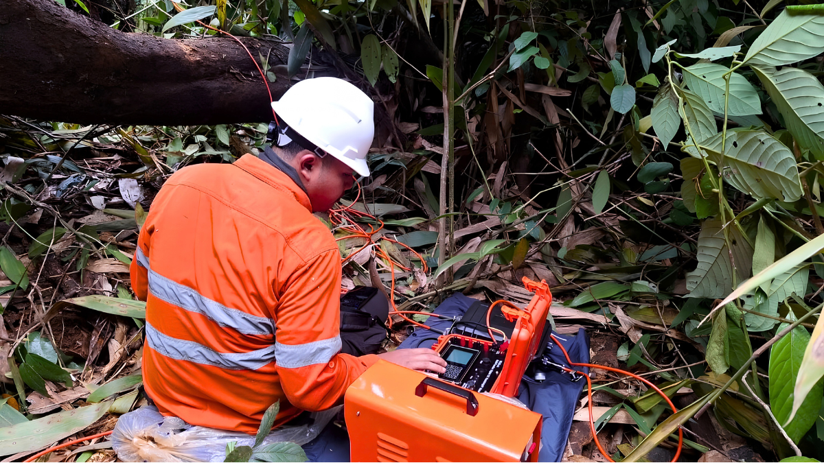 Exploration geologists analyzing geological maps, drone magnetic survey data, and drill target locations before diamond core drilling at a mineral exploration site in Indonesia