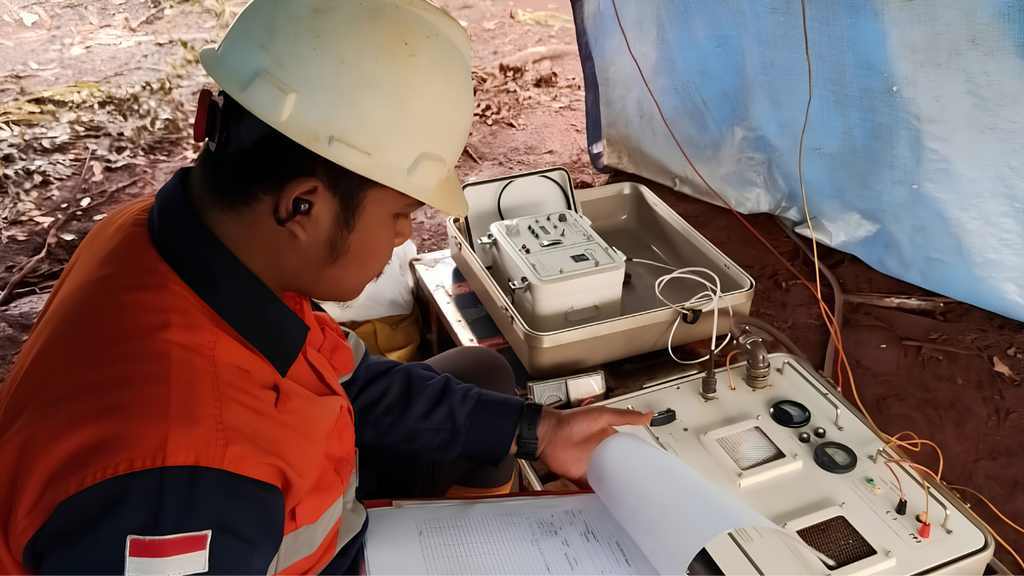 Geophysicists conducting a CSAMT Survey in a mineral exploration project in Indonesia to map deep geological structures before drilling