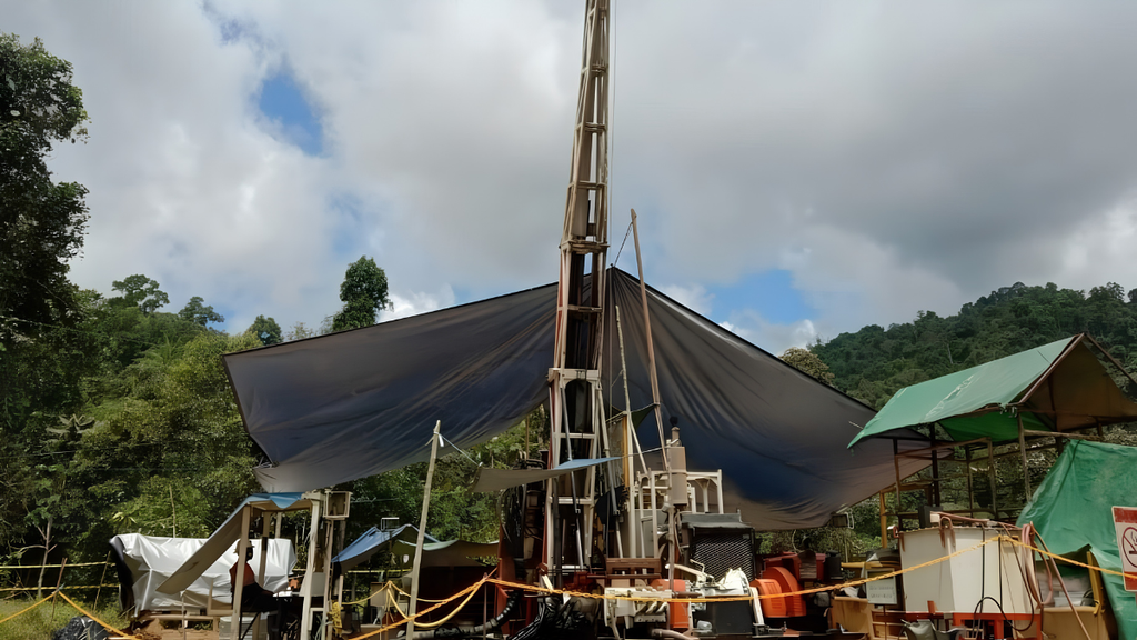 Diamond core drilling rig operating at a mineral exploration site in Indonesia