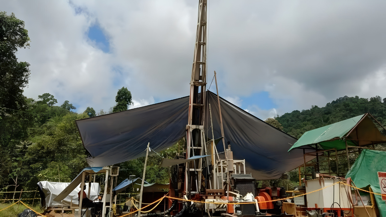 Diamond core drilling rig operating at a mineral exploration site in Indonesia