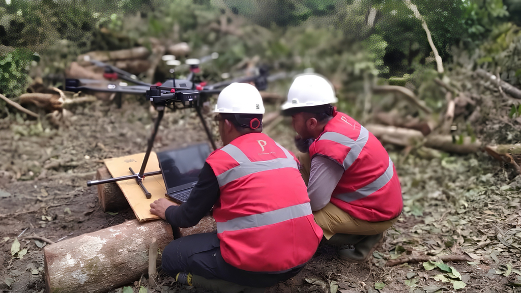 UAV drone conducting a low-altitude magnetic survey over a mineral exploration site, collecting high-resolution geophysical data to map subsurface geological structures